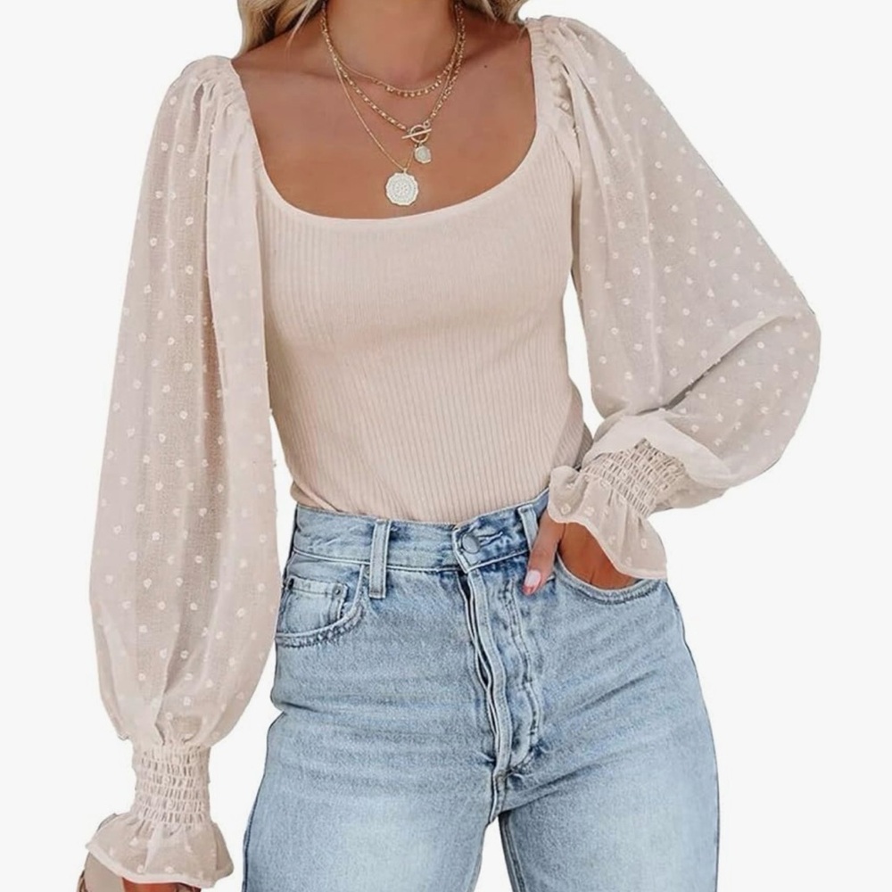 Cream Bodysuit with Sheer Sleeves